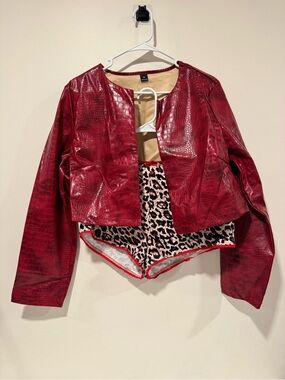SHEIN Red Croc-Embossed Faux Leather Jacket and Shorts Set - Women XL